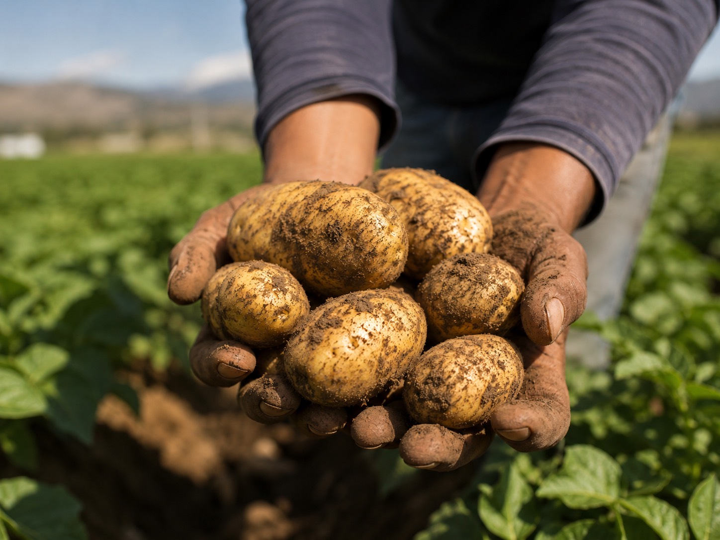 Manos mostrando papa recién cosechada, con el campo de fondo
